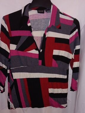 New York & Company Striped Button-Down Top in Pink, Red, Black & Gray